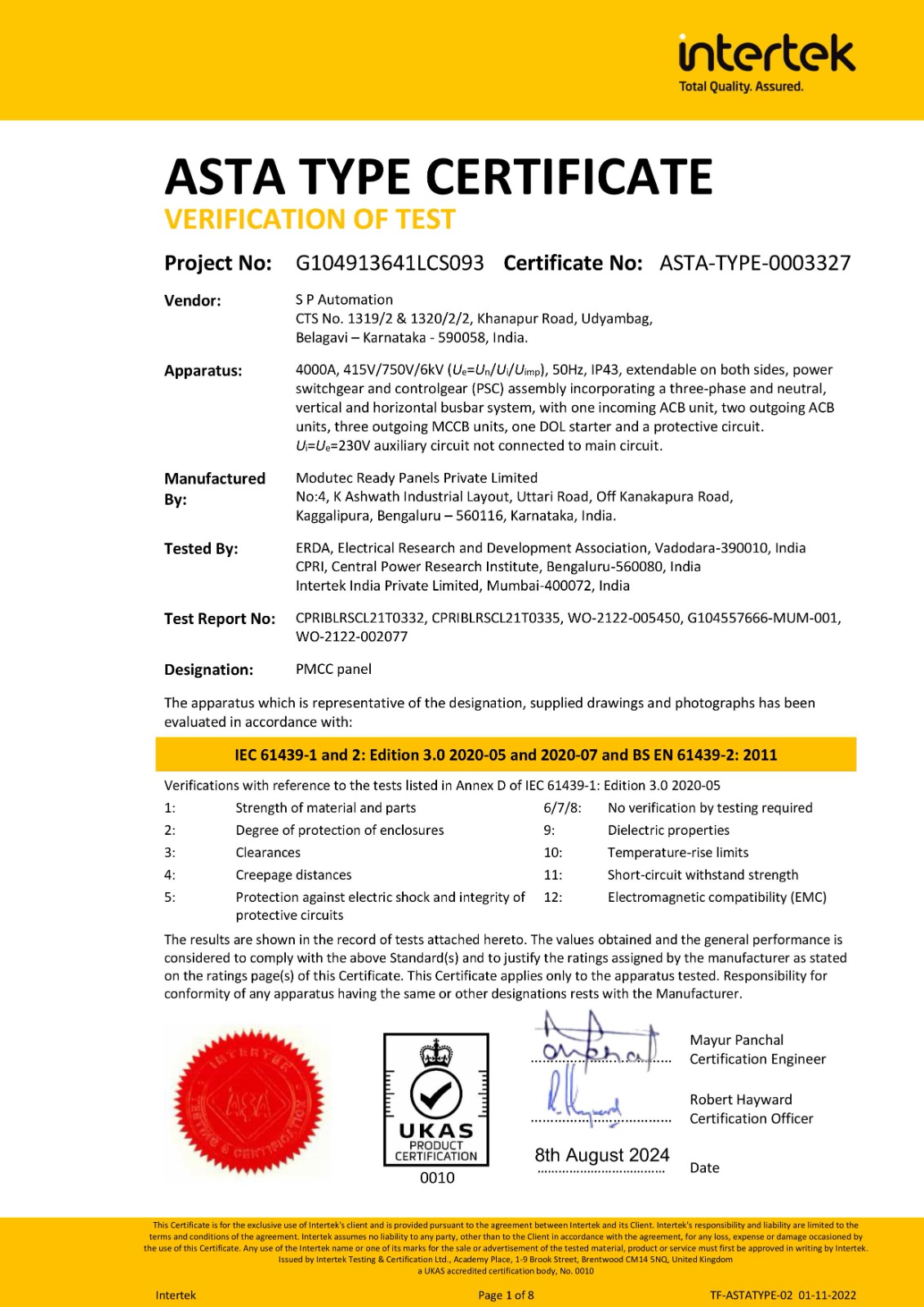 S P Automation certificate